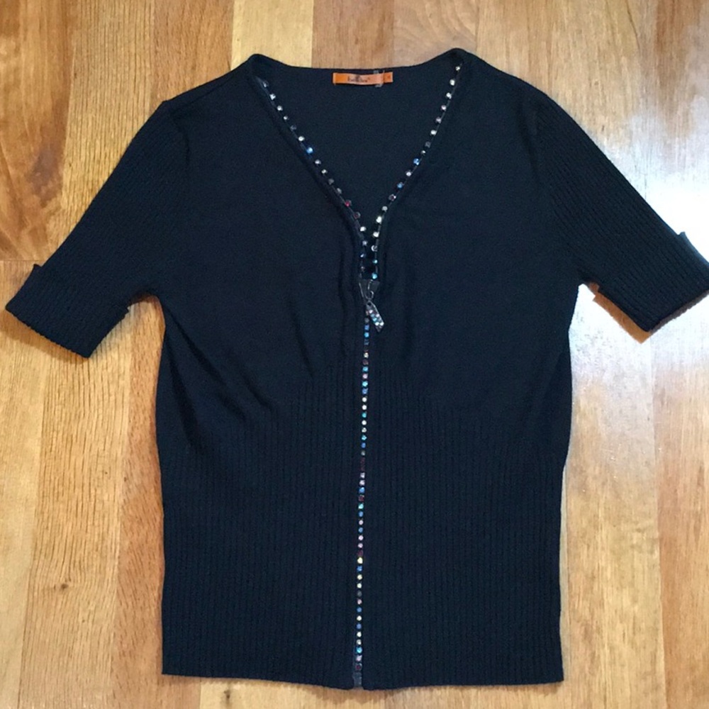 Sparkling Rhinestone Zipper Black Sweater